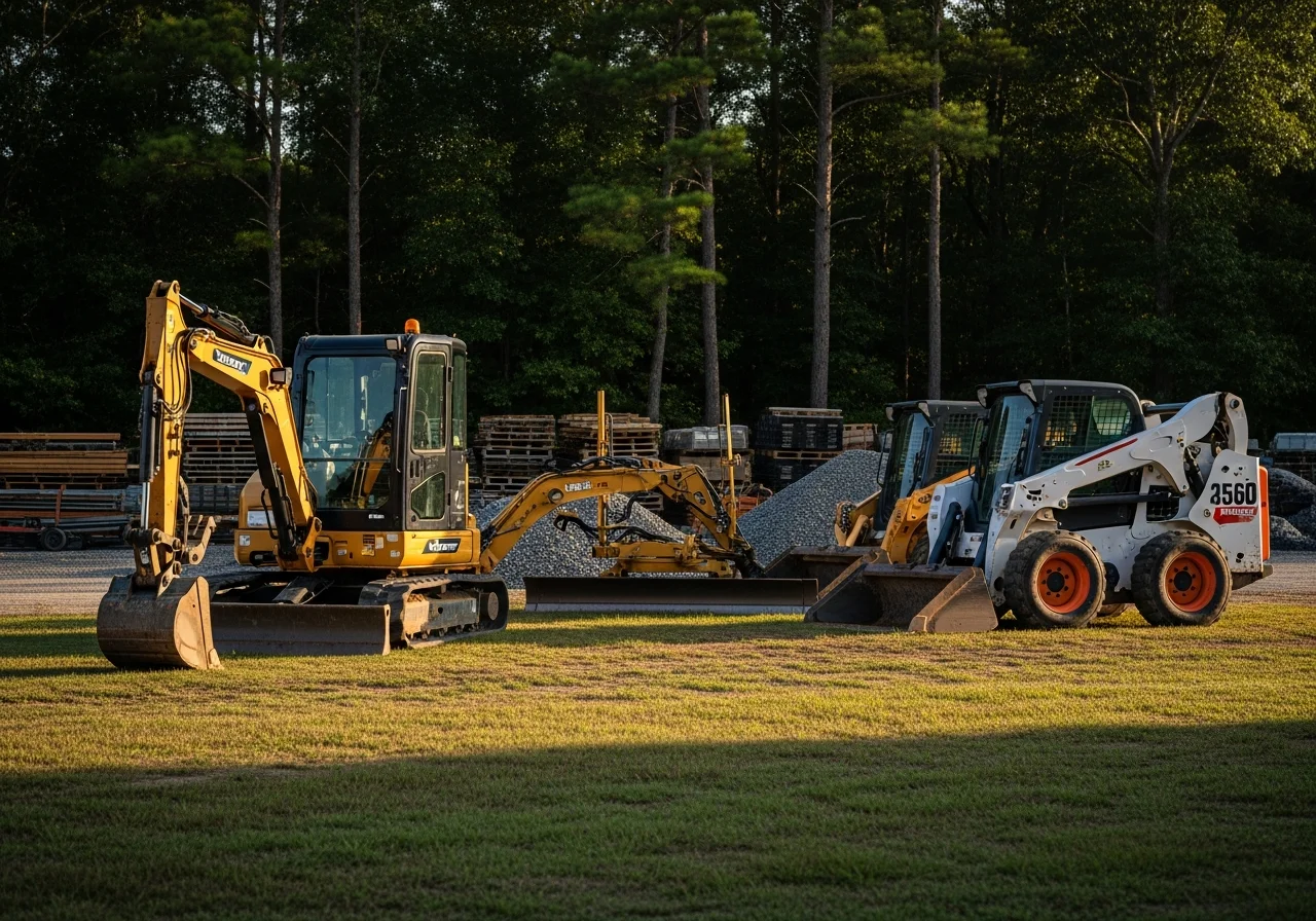 Heavy equipment and tools staged at a job site, ready for site clearing and grading work.