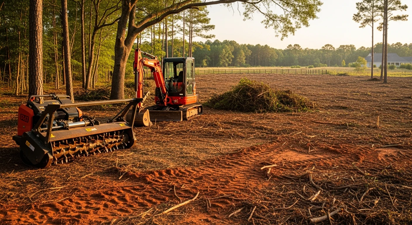 Land clearing equipment removing vegetation from property