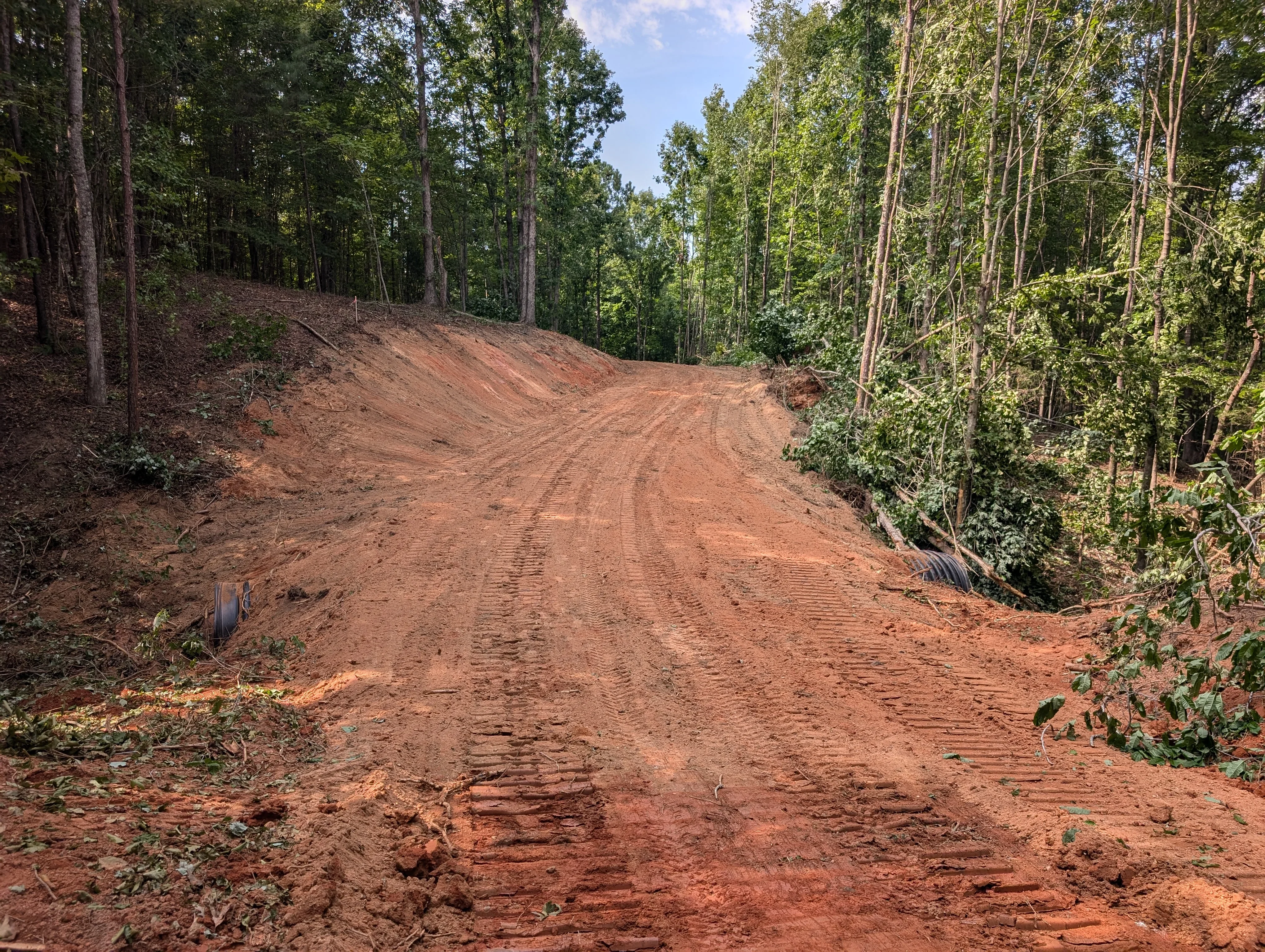 Freshly graded dirt driveway through forest with drainage pipe installation and tree-lined edges