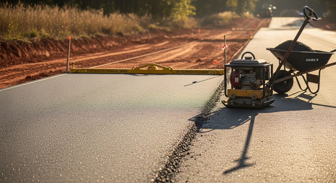 Freshly paved asphalt driveway on a residential property in Lexington County, SC, with a smooth dark surface and clean edges following site grading. The surrounding yard shows red clay soil typical of the South Carolina Midlands region.