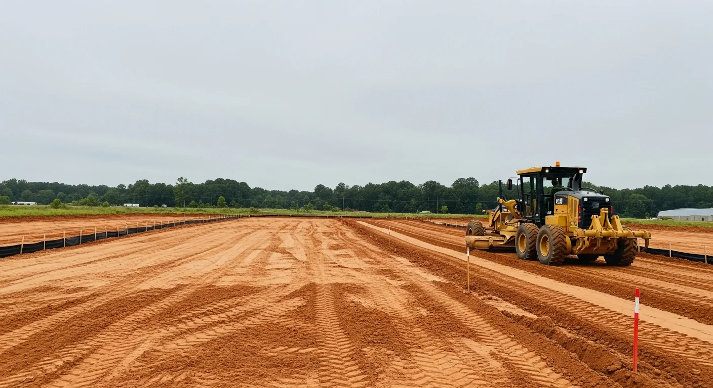 A large commercial lot in Lexington County being graded by a bulldozer, with smoothed earth and defined drainage slopes visible across the cleared site. The finished grade shows a level building pad area with sloped edges directing water away from the center of the lot.