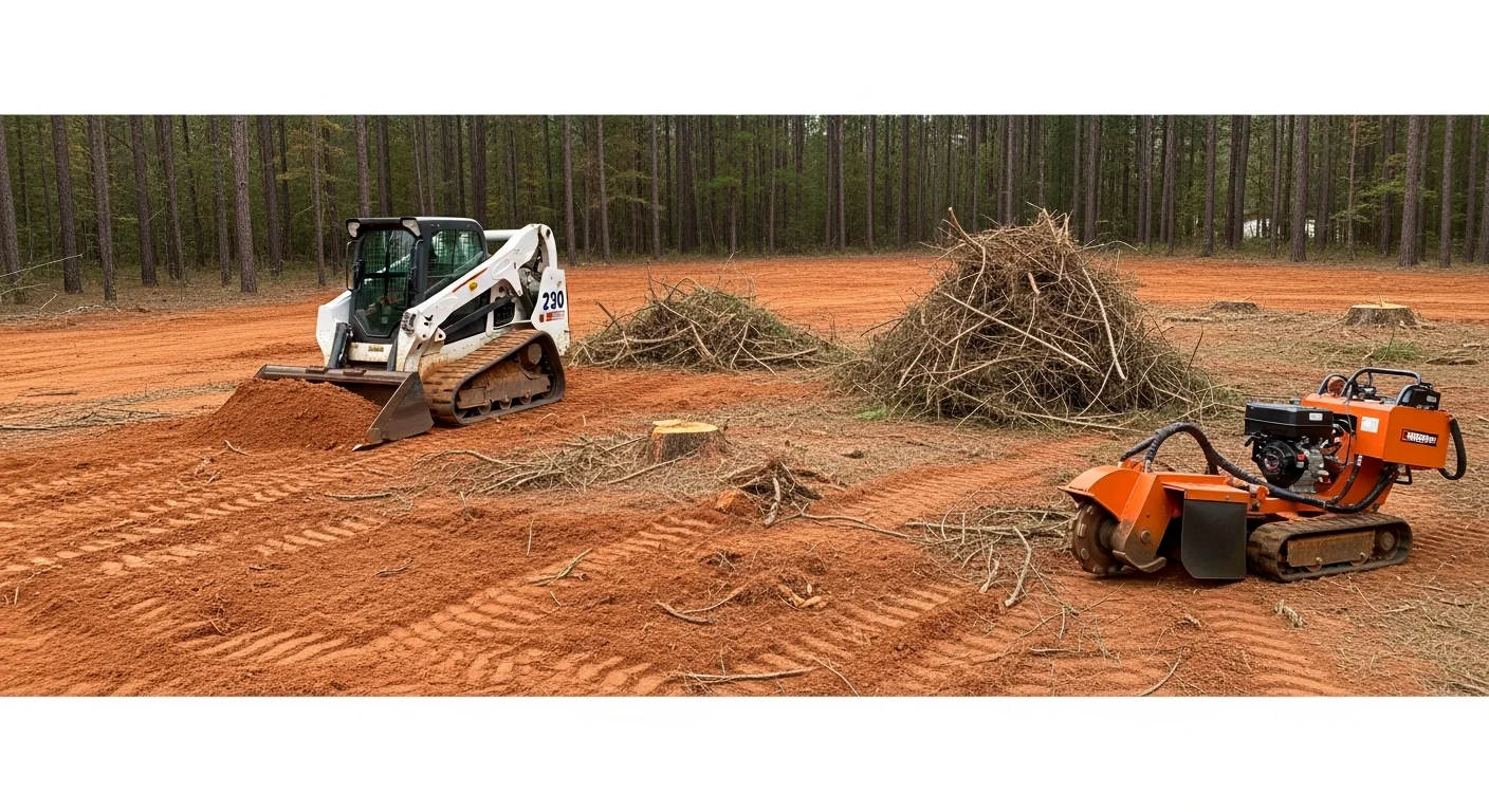 A large commercial lot in Lexington County, SC after professional land clearing, showing a flat, debris-free surface with surrounding tree lines intact. Heavy equipment tracks are visible across red clay soil, and the cleared area is ready for construction staking.