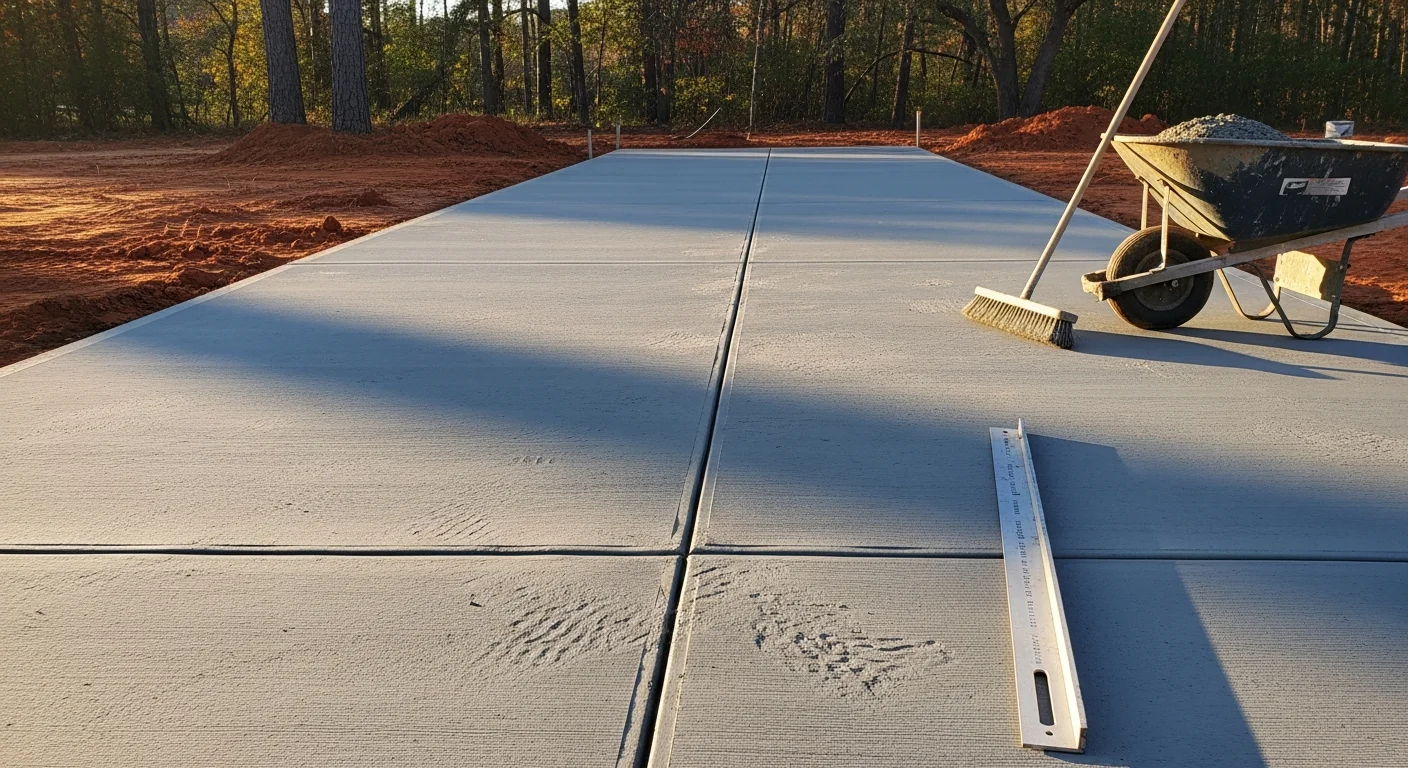Freshly poured concrete driveway on a residential property in Lexington County, South Carolina, with a smooth broom finish and clean edges. The surrounding yard shows recently graded soil, reflecting site preparation work completed before the pour.