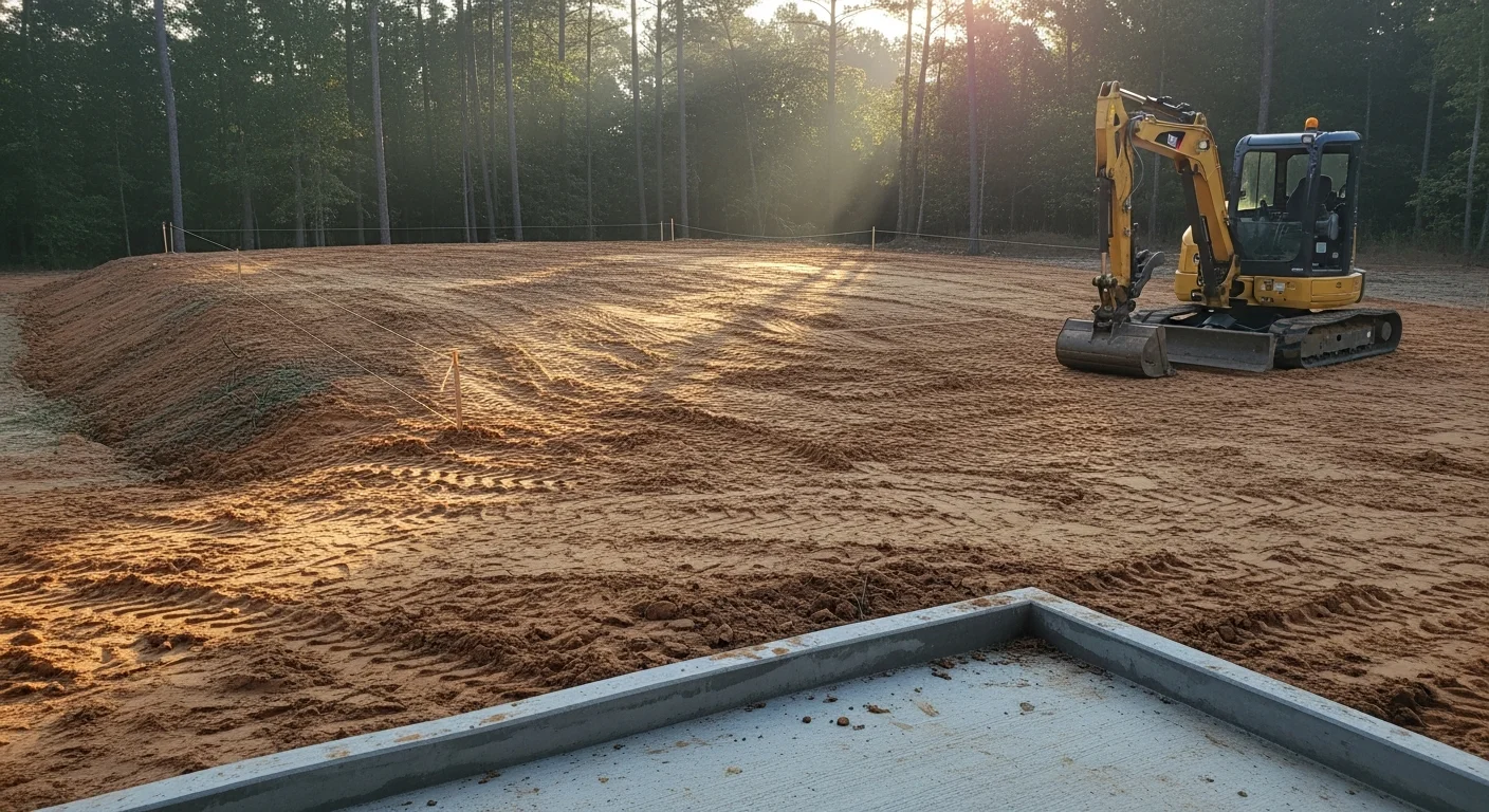 A grading contractor reshaping a residential yard in Lexington County, South Carolina, with a skid steer creating a sloped grade that directs water away from the home's foundation. Freshly moved red clay soil is visible across the regraded lot.