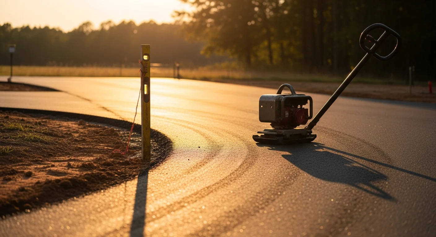 A freshly paved residential driveway on a Lexington County, SC property, showing a smooth, dark surface with clean edges and proper slope away from the home. The surrounding yard reflects the wooded, rural character common to properties across Lexington County.