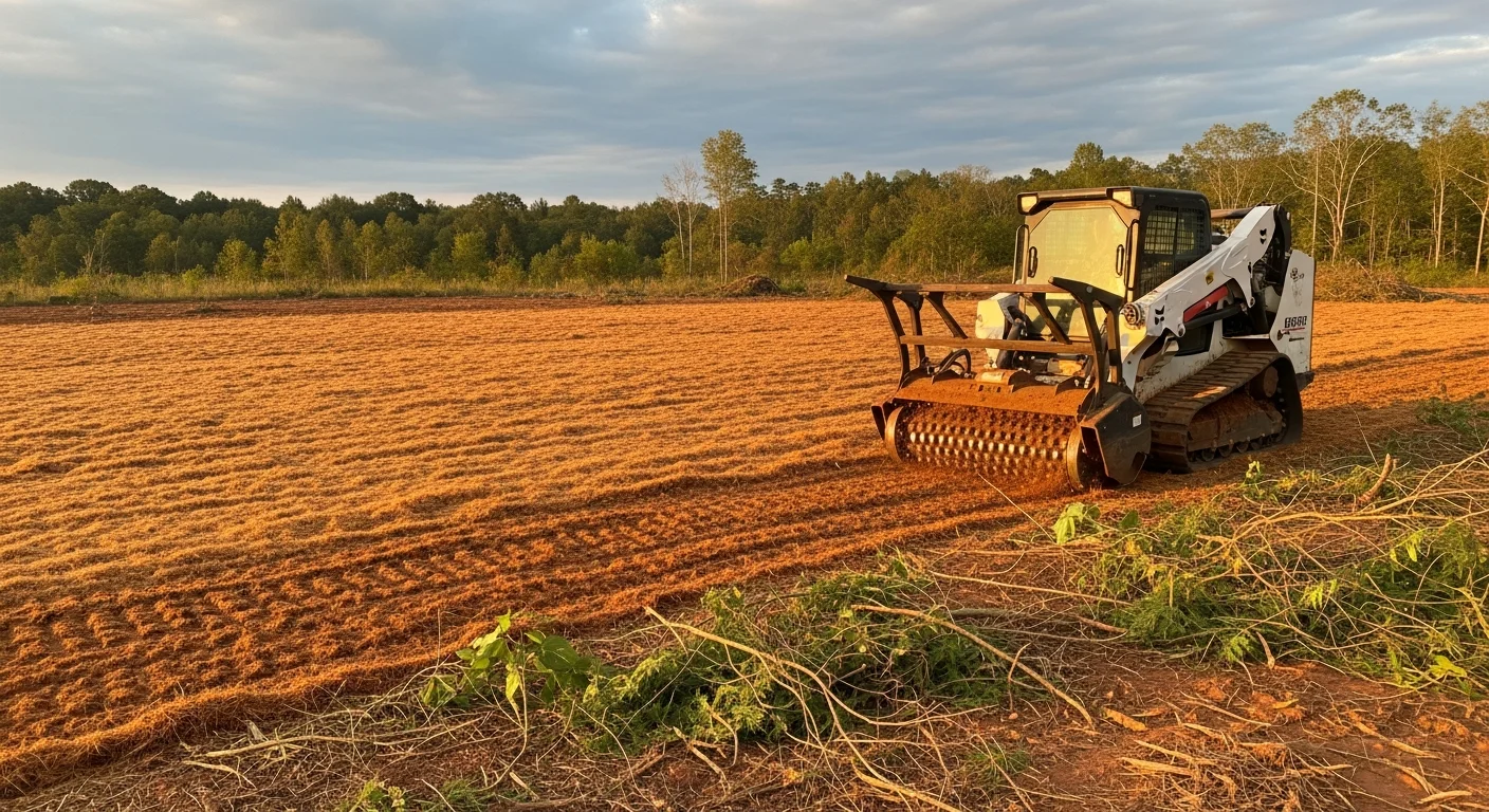 A tracked forestry mulcher clearing dense brush and invasive trees on a wooded residential lot in Lexington County, South Carolina. The cleared ground shows a layer of shredded wood mulch with no piles or debris left behind.