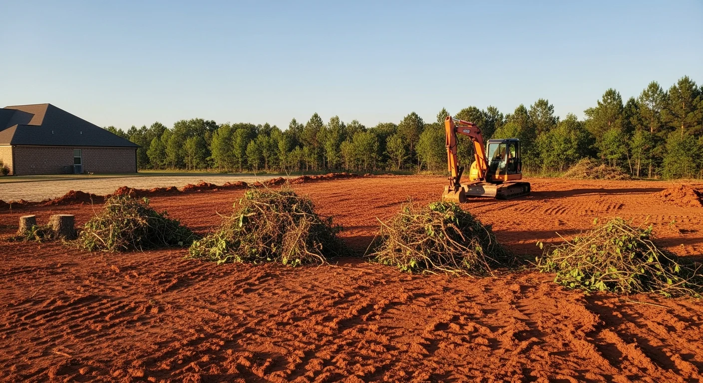 A Lexington County residential lot after overgrown property cleanup, showing cleared ground with brush, vines, and dense undergrowth fully removed. The land is open and accessible, with no debris remaining on the surface.