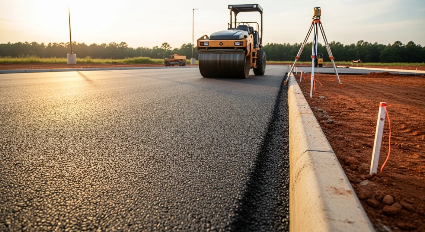 Freshly paved commercial parking lot on a Lexington County, SC property, showing smooth asphalt surface with clean lot lines and proper drainage slope. Heavy equipment visible at the site edge, with cleared and graded surrounding land indicating new construction.