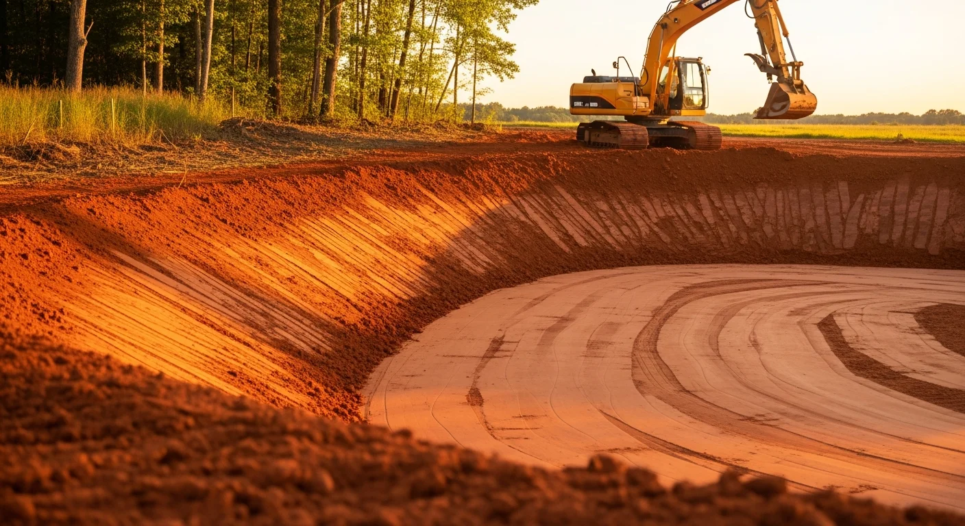 A freshly excavated pond with sloped earthen banks on a rural Lexington County, South Carolina property. Red clay soil is visible along the graded edges, with cleared land surrounding the pond site.