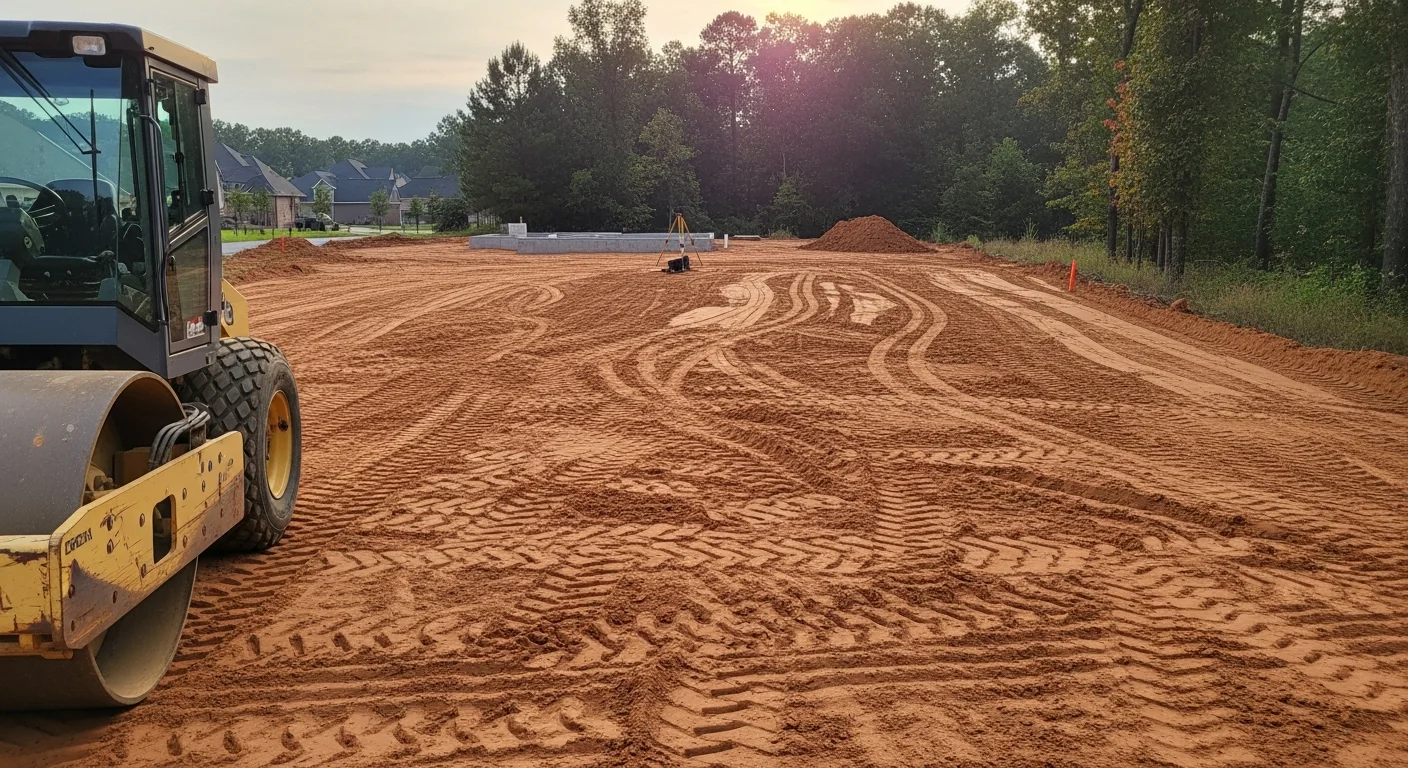 A residential lot in Lexington County, SC after grading, showing a smooth, compacted soil surface sloping away from a home's foundation. Heavy equipment tracks are visible across the freshly shaped yard, with no standing water or eroded areas present.