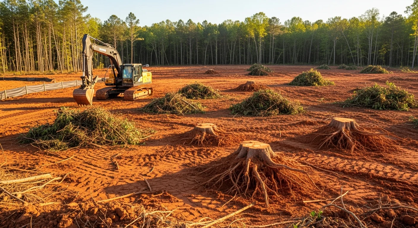 A freshly cleared residential lot in Lexington County, SC, showing bare ground and removed tree stumps with surrounding tree line intact. Heavy equipment tracks are visible across the leveled soil surface, indicating recent clearing work.