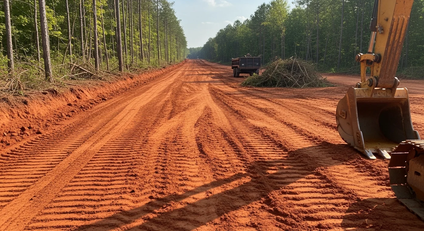 A cleared right-of-way corridor in Lexington County, SC showing cut stumps, bare soil, and open access along a utility easement. Surrounding trees and brush have been removed to ground level, leaving a wide, debris-free path through previously overgrown woodland.