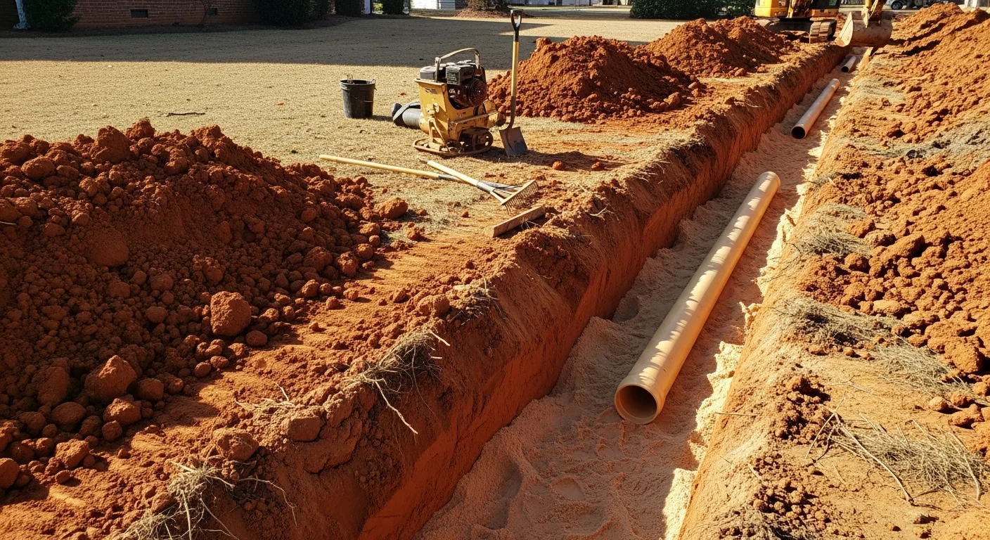 An excavation crew operates a tracked excavator to trench a sewer line installation on a residential property in Lexington County, South Carolina. The open trench shows prepared pipe bedding with compacted backfill staged alongside the dig.