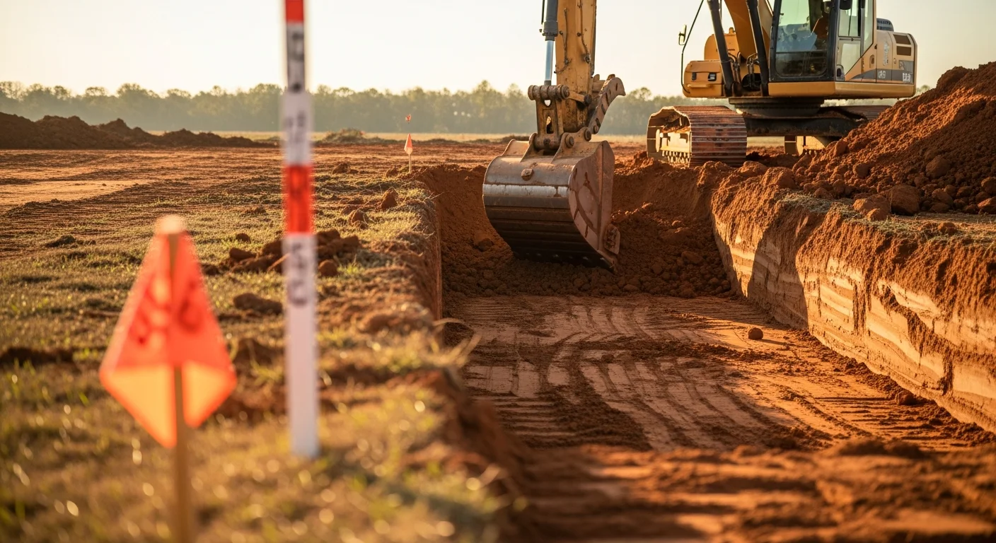 A tracked excavator cutting into red clay soil on a cleared residential building lot in Lexington County, South Carolina. The site is graded flat with spoil piles staged to the side, ready for foundation work.