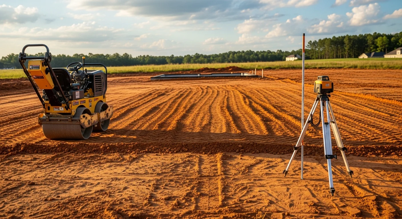 A graded residential lot in Lexington County, SC showing smooth, compacted soil sloped away from a concrete foundation pad. Heavy equipment tracks are visible across the cleared site, with surrounding tree lines intact.