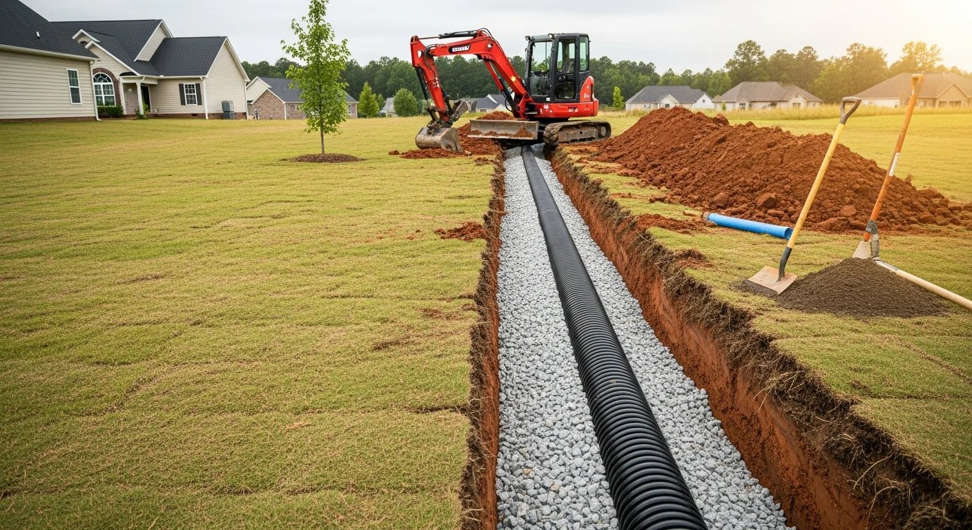 A freshly excavated storm drain trench on a residential lot in Lexington County, South Carolina, showing pipe placement and compacted bedding material. The surrounding yard shows graded soil prepared for backfill after storm drain installation.