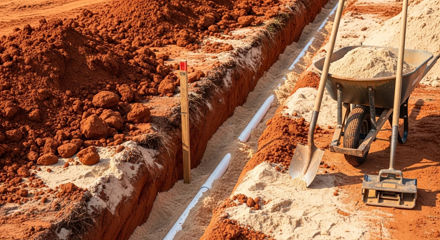An excavation crew operates a tracked excavator to dig a water line trench across a residential property in Lexington County, SC. The open trench shows prepared pipe bedding with sandy backfill staged along the trench edge.